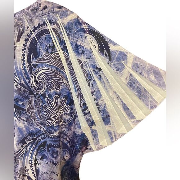 Jess & Jane Sz S Purple Abstract Pleated Bat Wing Sleeves Flowy Relaxed Fit Top - Picture 2 of 5